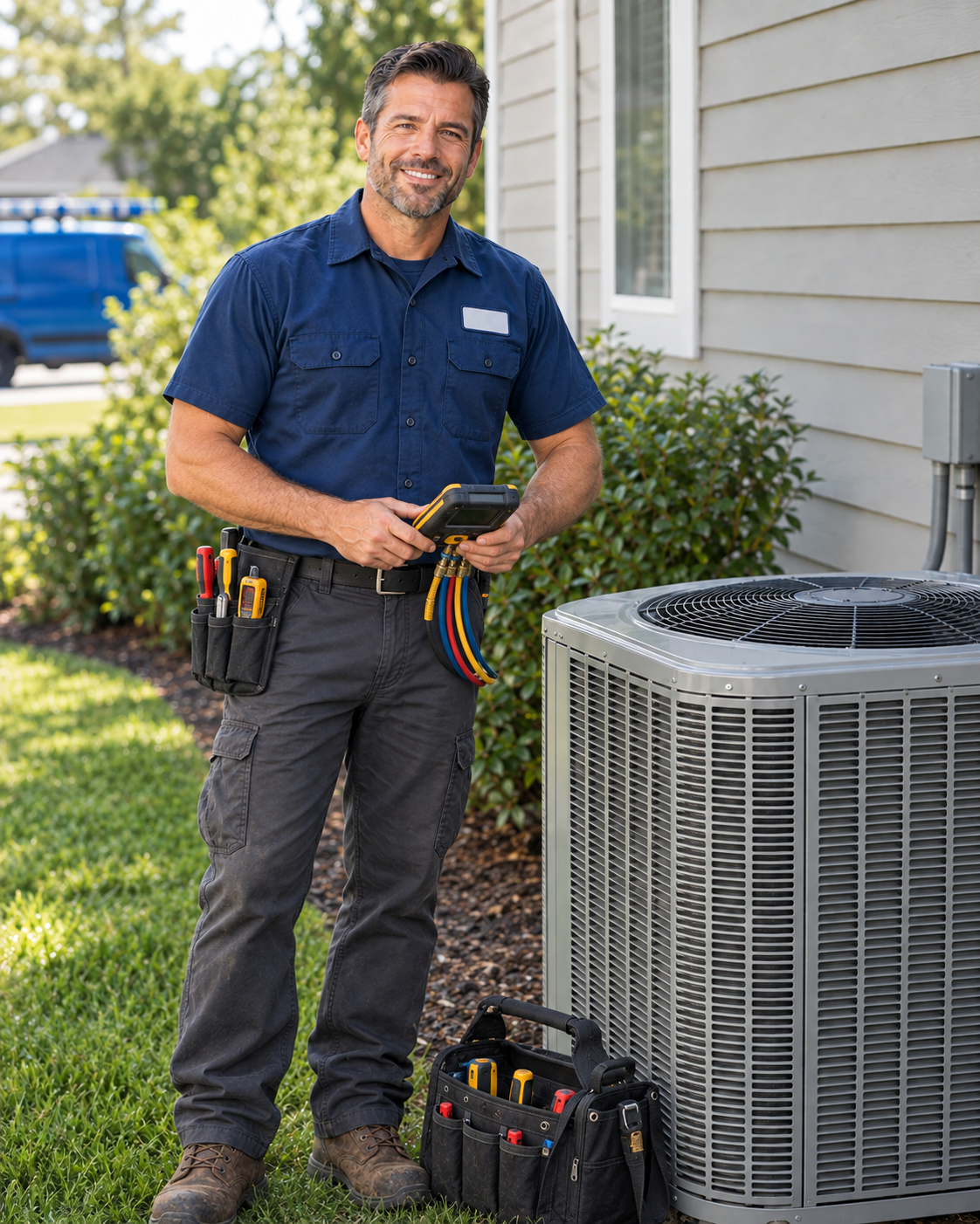 HVAC repair technician in a navy work uniform with diagnostic equipment and a tool pouch beside a residential air-conditioning unit