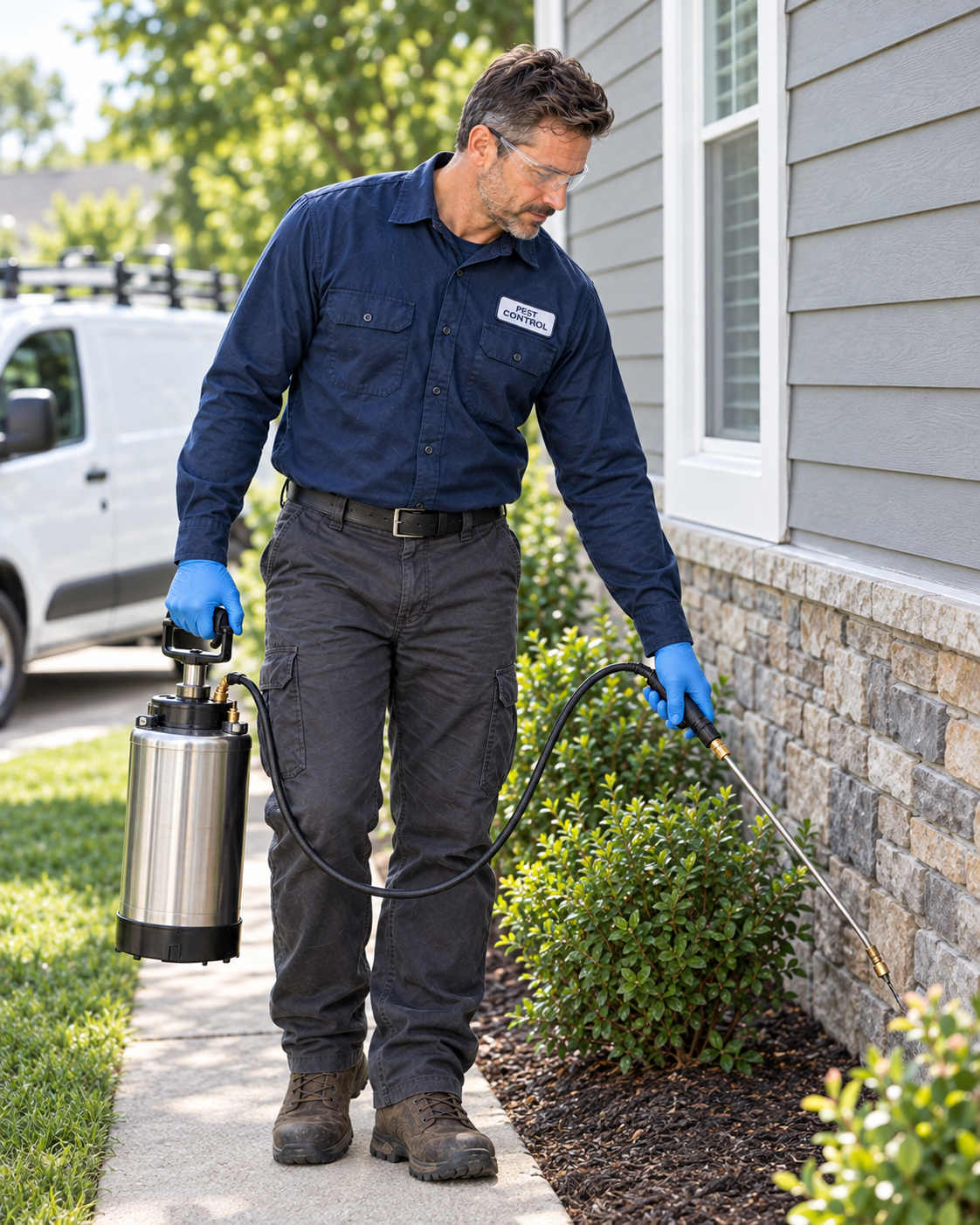 Pest control technician wearing gloves and safety glasses using a stainless steel compression sprayer and treatment wand beside a home's foundation
