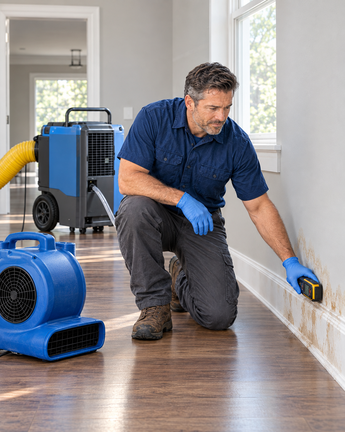 Restoration technician checking moisture near a baseboard with an air mover and professional drying equipment