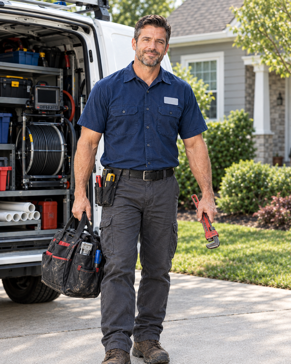 Plumbing technician in a navy work shirt carrying tools beside a service van